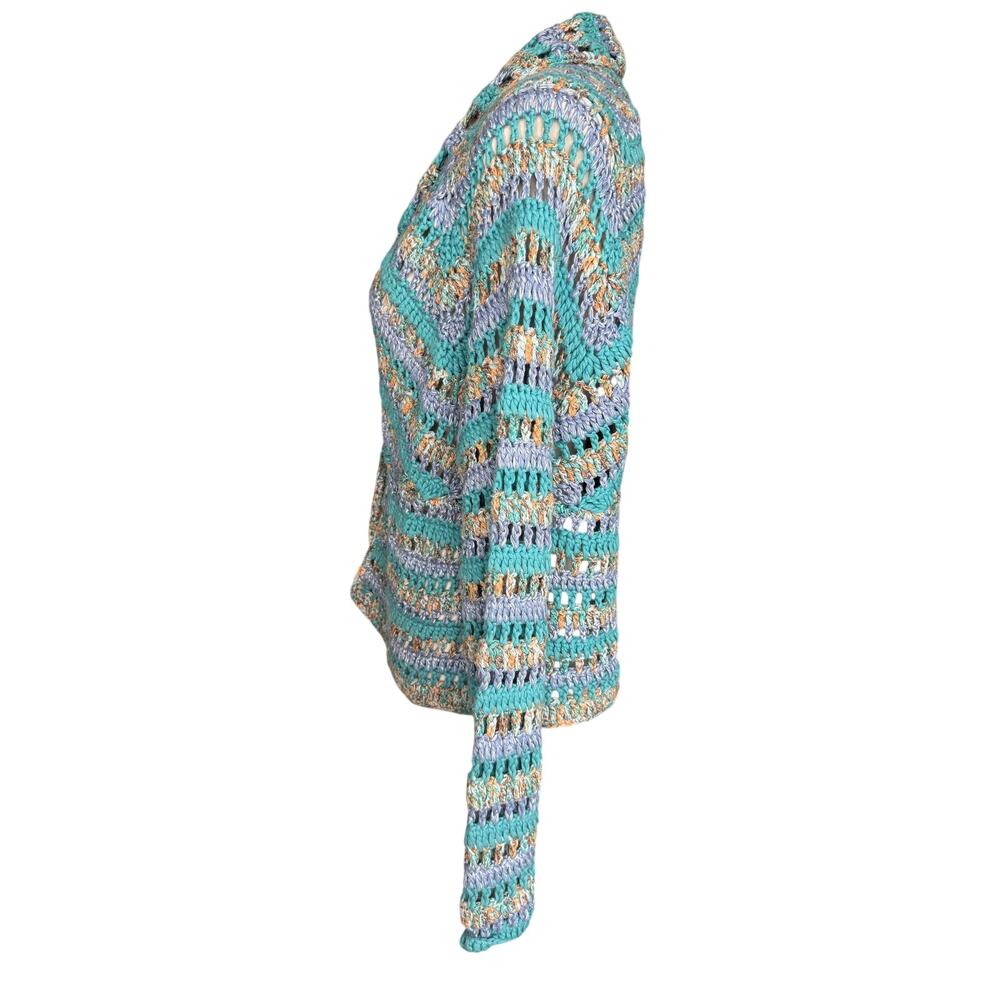 J. Jill Hand Crochet Open Knit Cardigan Blue Teal Cotton Blend Boho Medium - Picture 7 of 12